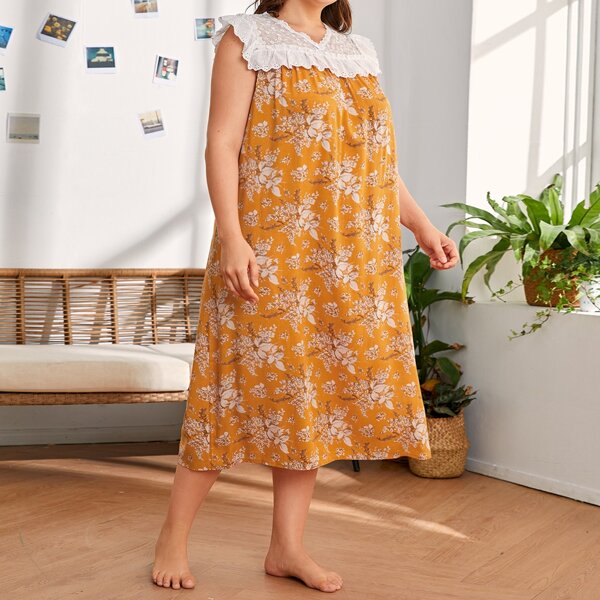 

Plus Lace Panel Floral Print Night Dress, Yellow