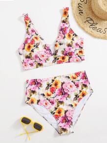 Plus Size Floral High Waisted Bikini Set Summer Beach - Multicolor - View 1