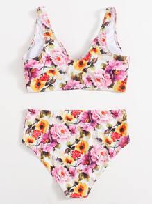Plus Size Floral High Waisted Bikini Set Summer Beach - Multicolor - View 2