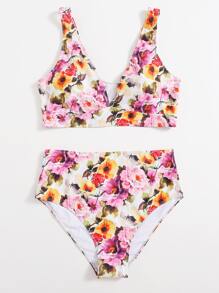 Plus Size Floral High Waisted Bikini Set Summer Beach - Multicolor - View 4