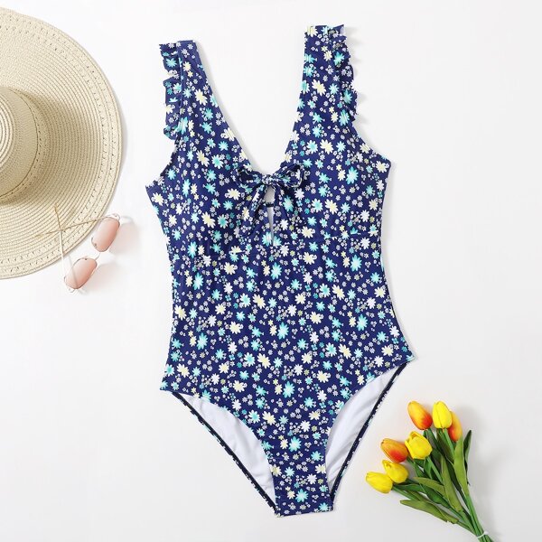 

Plus Ditsy Floral Knot Front One Piece Swimsuit, Multicolor