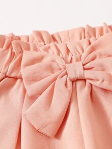 小女童素色蝴蝶結紙袋腰短褲 - 珊瑚粉 - 查看 4