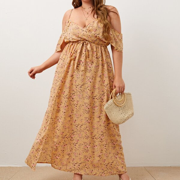 

Plus Cold Shoulder Split Thigh Ditsy Floral Dress, Multicolor