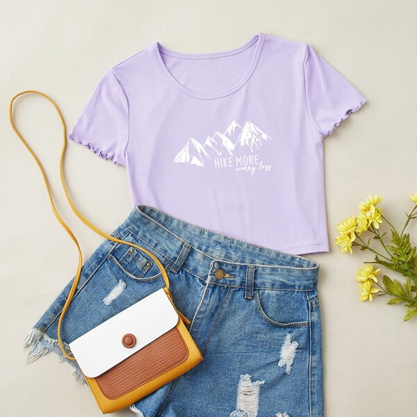 

Letter Graphic Lettuce Trim Crop Tee, Lilac purple