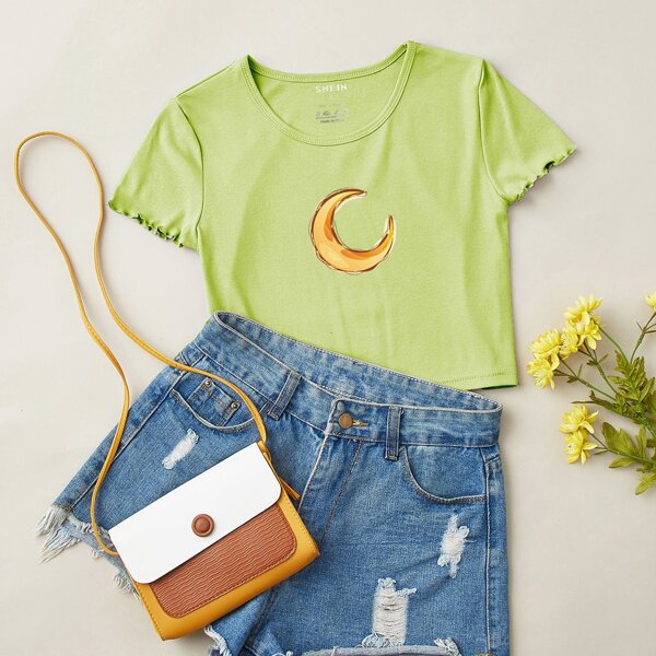 

Moon Print Lettuce Trim Crop Tee, Lime green