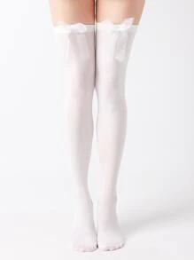 Bow Decor Over The Knee Socks - White - View 1