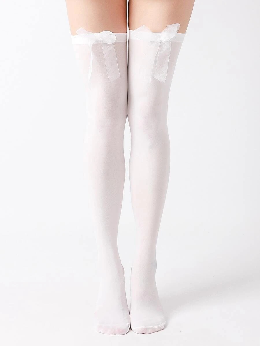 Bow Decor Over The Knee Socks - White - View 1