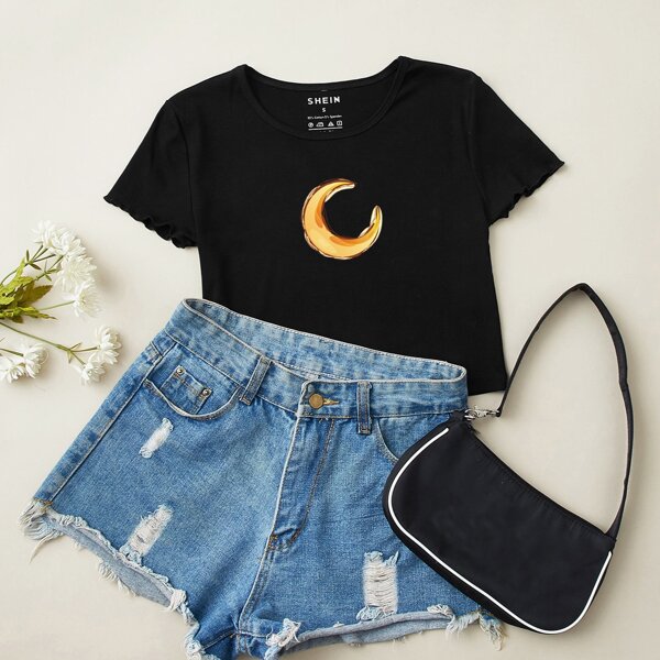 

Moon Print Lettuce Trim Crop Tee, Black