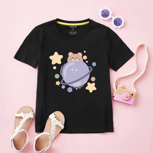 

Toddler Girls Bear And Planet Print Tee, Black