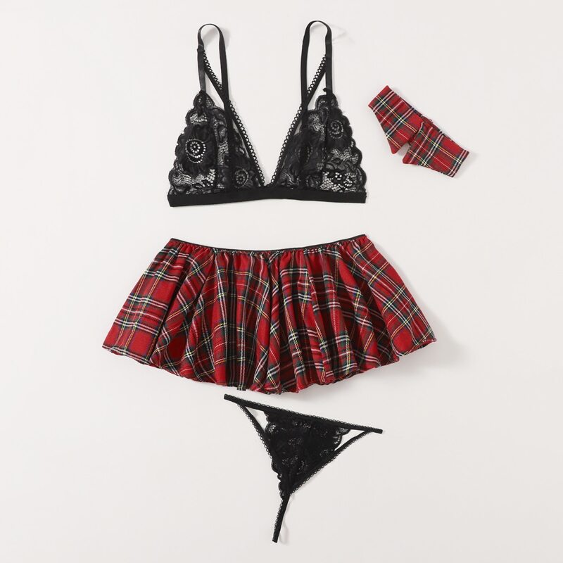 

4pack Tartan Floral Lace Uniform Costume Set, Multicolor
