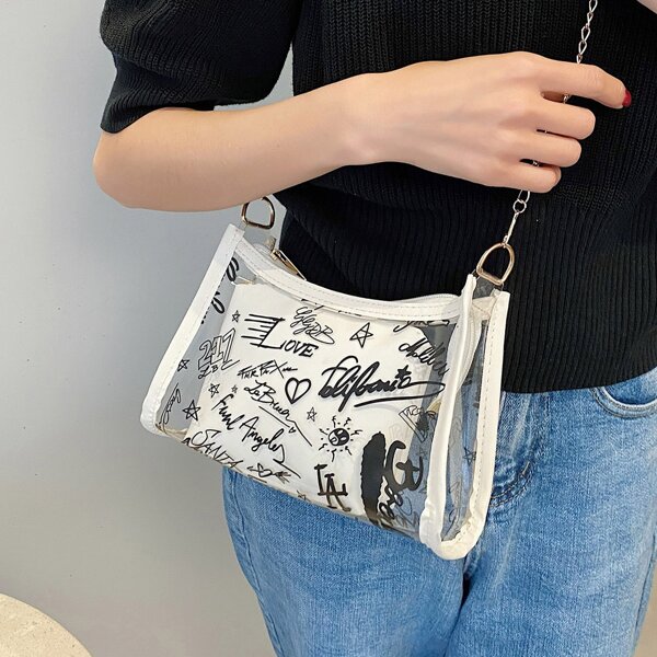 

Graffiti Print Chain Crossbody Bag, White
