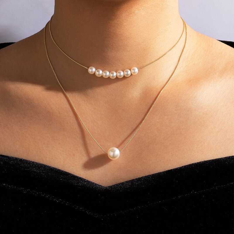 

Faux Pearl Design Layered Necklace, Gold