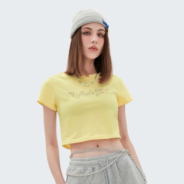 

Rhinestone Letter Patch Crop Tee, Yellow