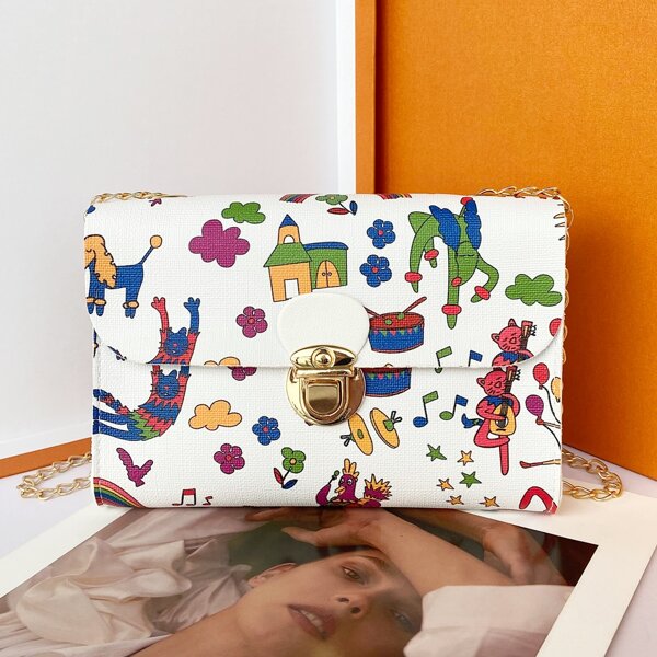 

Cartoon Graphic Push Lock Crossbody Bag, Multicolor