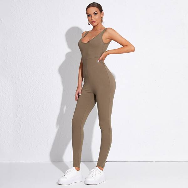 

High Waist Open Back Unitard Jumpsuit, Mocha brown