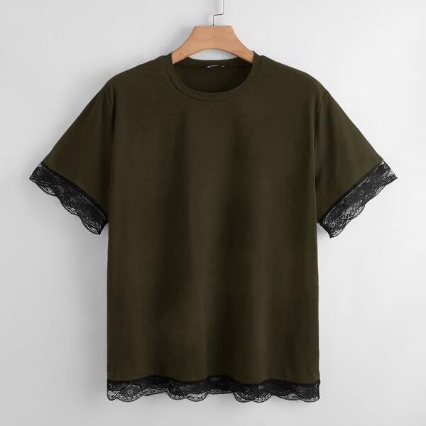 

Plus Lace Trim Round Neck Tee, Army green