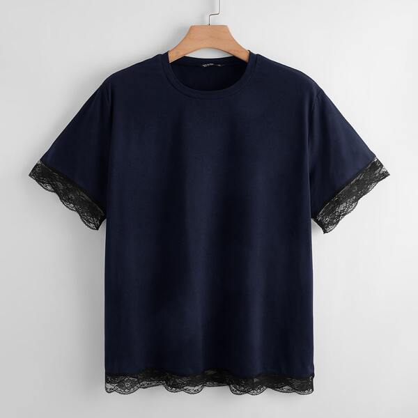 

Plus Lace Trim Round Neck Tee, Navy blue