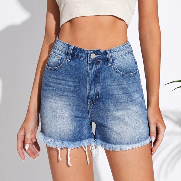 

High Waist Raw Hem Denim Shorts, Medium wash