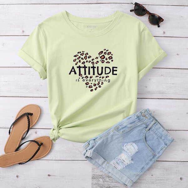

Leopard Heart And Slogan Graphic Tee, Green