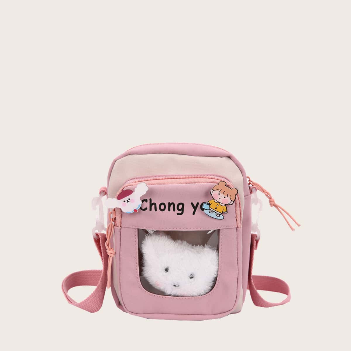 

Cartoon Canvas Crossbody Bag, Baby pink