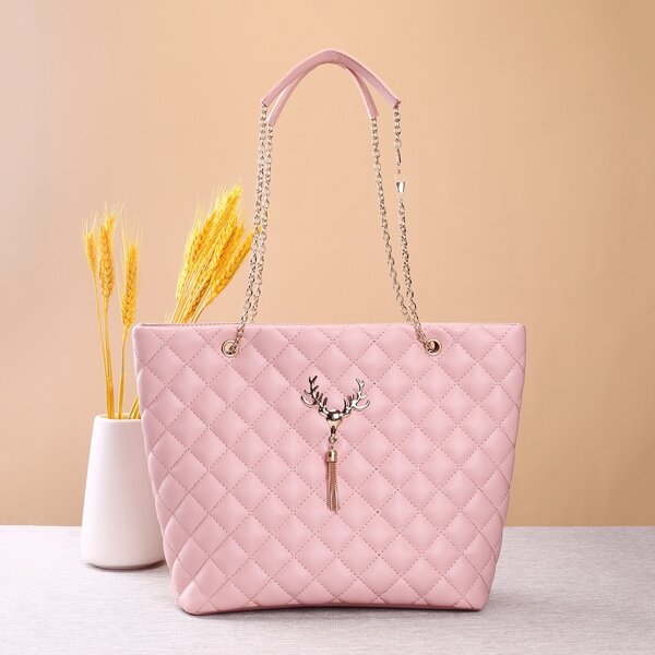 

Metal Tassel Charm Quilted Tote Bag, Pink