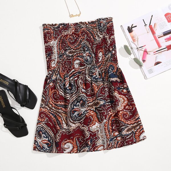 

Plus Paisley Shirred Ruffle Hem Tube Top, Multicolor