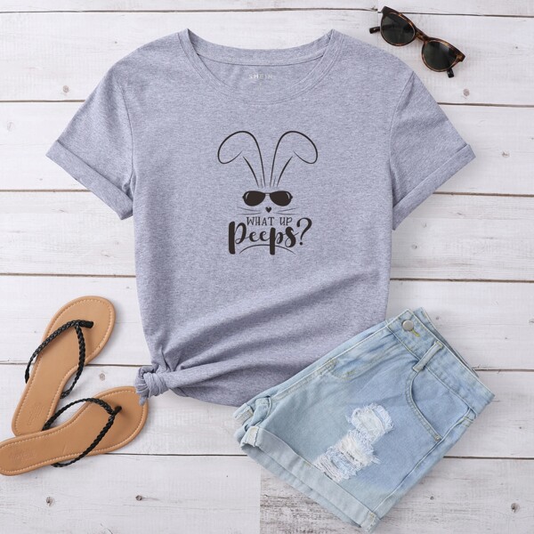 

Cartoon And Slogan Graphic Tee, Grey