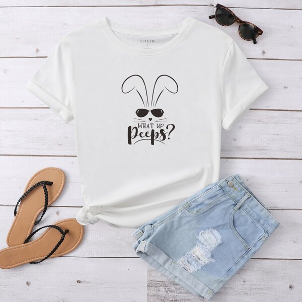 

Cartoon And Slogan Graphic Tee, White