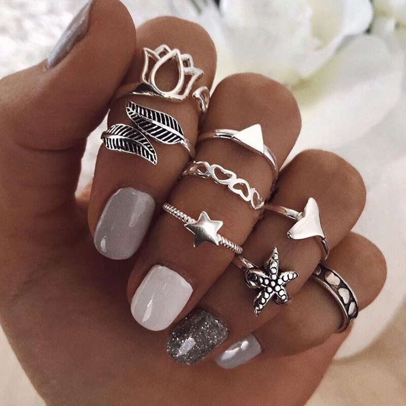 

8pcs Star Decor Ring, Antique silver