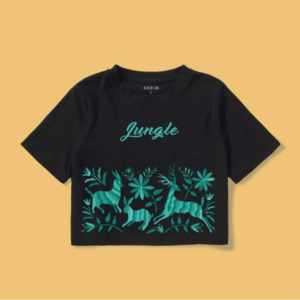 

Plants And Deer Print Crop Tee, Black
