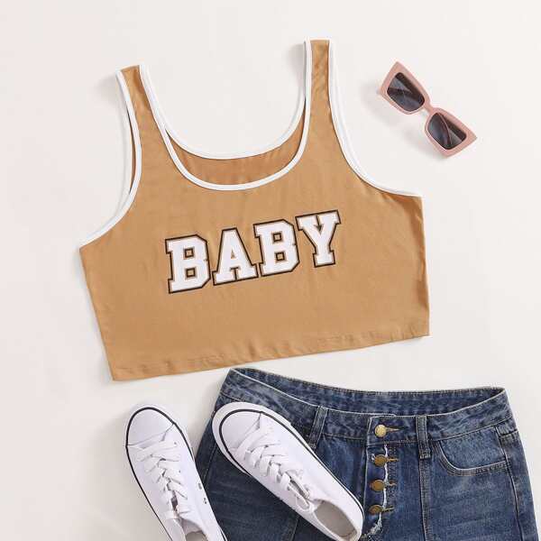 

Plus Letter Graphic Contrast Binding Tank Top, Camel