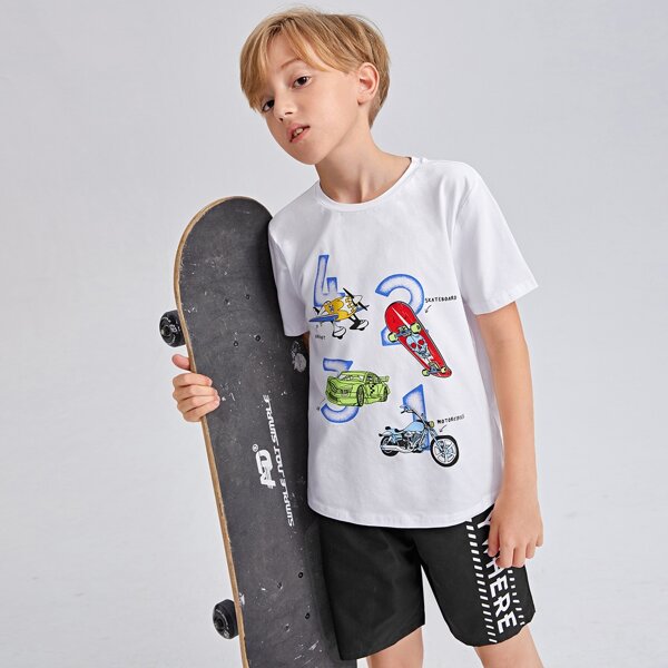 

Boys Letter & Car Print Tee and Shorts Set, Black and white
