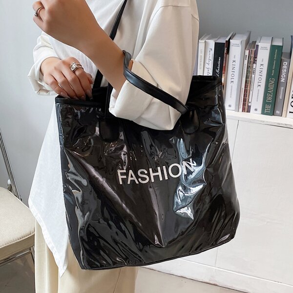 

Letter Graphic Shoulder Tote Bag, Black