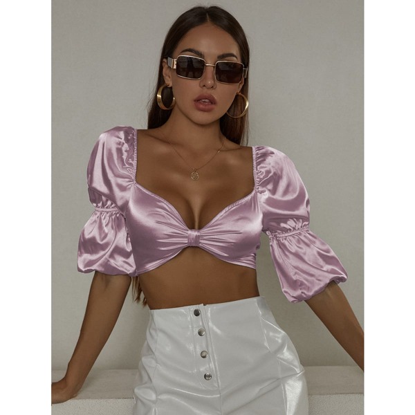 

Ruched Front Shirred Back Satin Crop Top, Lilac purple
