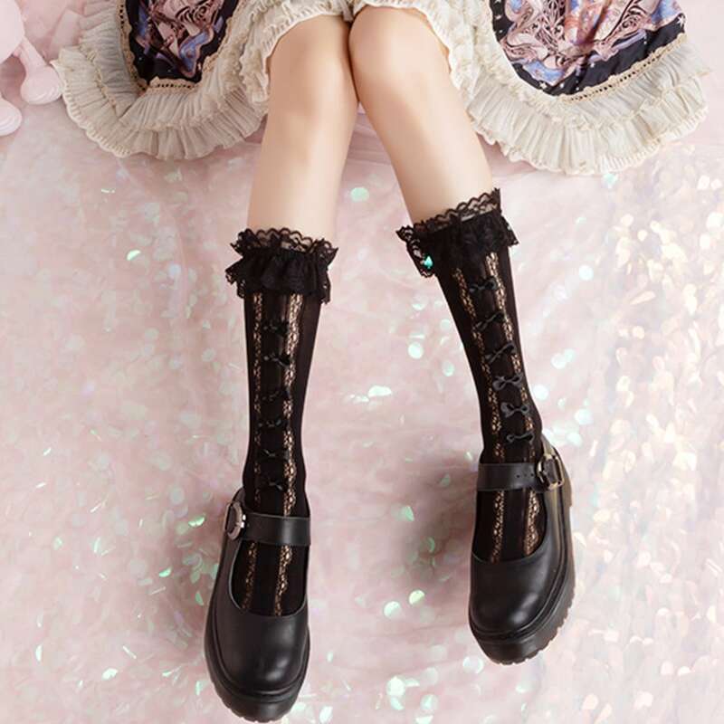 

Bow Contrast Lace Over The Calf Socks, Black