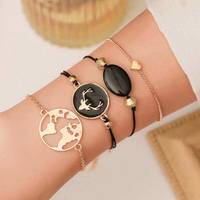 

4pcs Heart & Coin Bracelet, Black