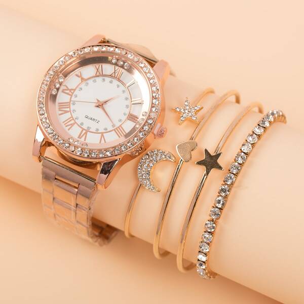 

1pc Rhinestone Decor Round Pointer Watch & 4pcs Bracelet