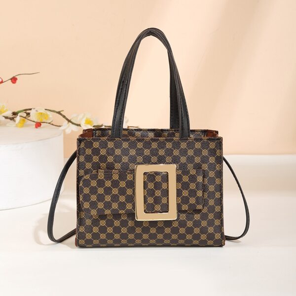 

Quilted Buckle Decor Satchel Bag, Coffee brown