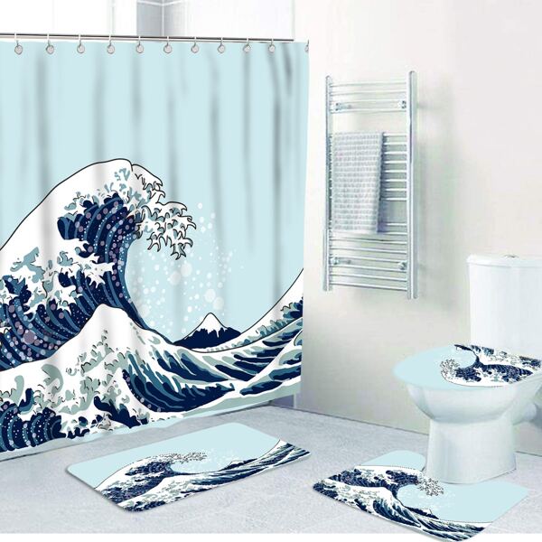 

1pc Waves Pattern Anti-slip Mat Or Shower Curtain, Multicolor