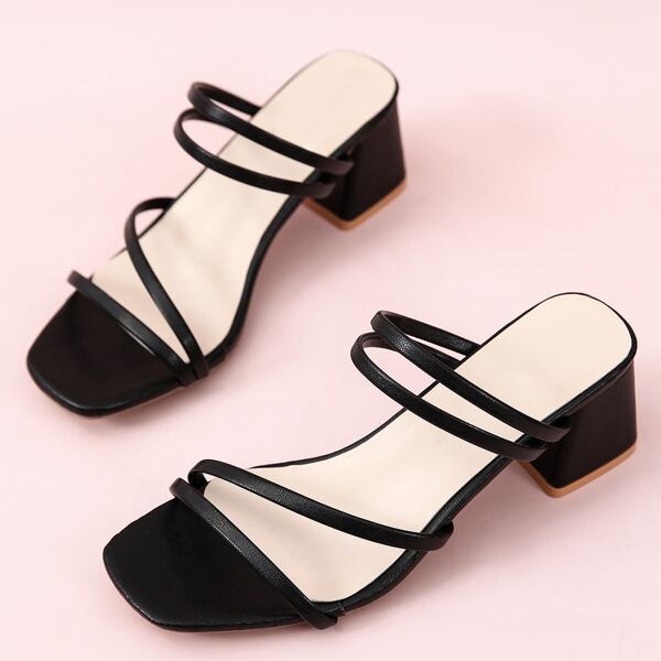 

Thin Strap Chunky Heeled Mule Sandals, Black