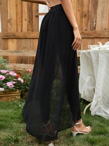 Mulvari Solid Skinny Trousers With Chiffon Overlay - Black - View 1