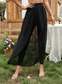 Mulvari Solid Skinny Trousers With Chiffon Overlay - Black - View 2