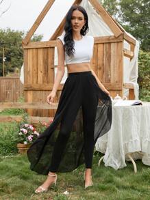 Mulvari Solid Skinny Trousers With Chiffon Overlay - Black - View 3