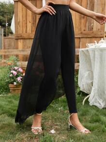 Mulvari Solid Skinny Trousers With Chiffon Overlay - Black - View 5