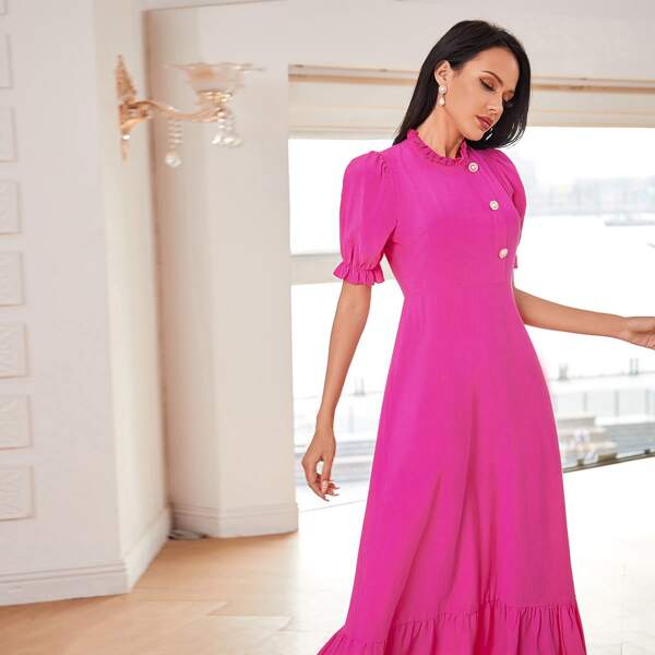 

Solid Ruffle Neck A-line Dress, Hot pink