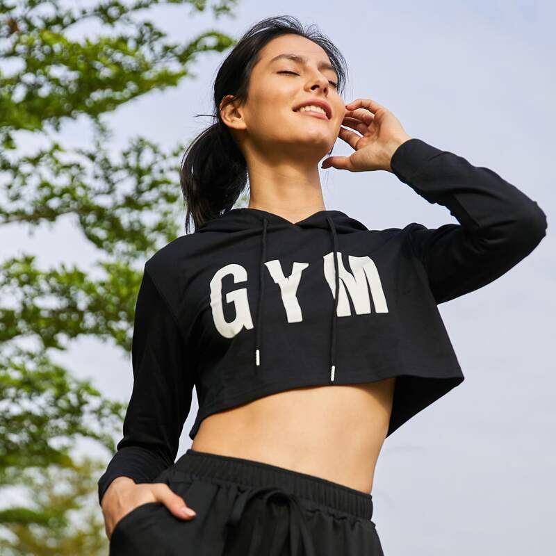 

Letter Graphic Drawstring Crop Sports Hoodie, Black