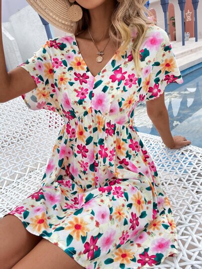 فستان سموك بطباعة زهر شامل