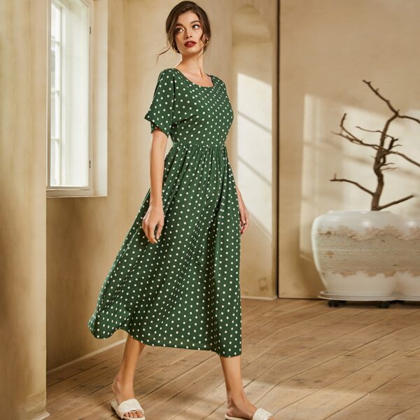 

Polka Dot Batwing Sleeve A-line Dress, Green