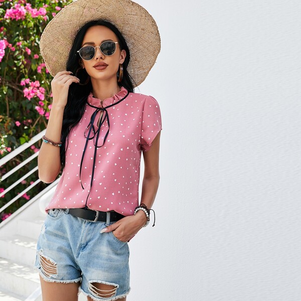 

Allover Heart Print Tie Neck Blouse, Pink