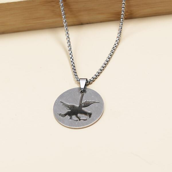 

Men Animal Pattern Round Charm Necklace, Silver